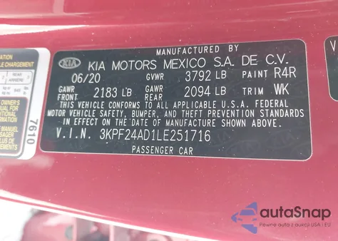 2020 Kia Forte Lxs из США, поврежденный, VIN 3KPF24AD1LE251716